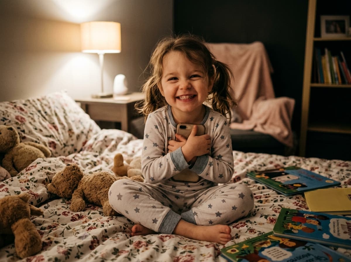 Menina de 4 anos sorrindo abraçada ao celular na cama
